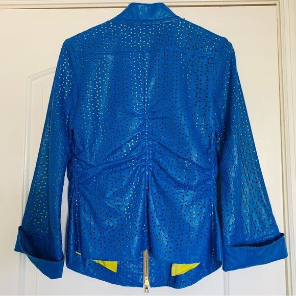 dianaira Royal Blue Perforated Floral Pattern Lambskin Leather Blazer Jacket - Picture 7 of 9